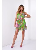 Light patterned dress with a belt, green and pink 03040 - Online store - Boutique